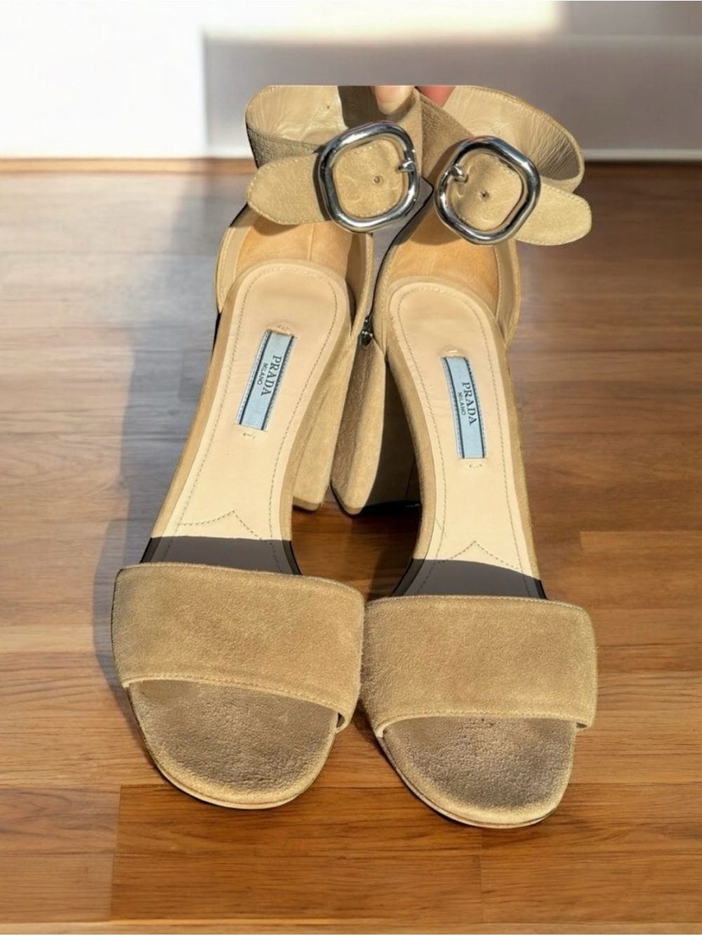 PRADA Ankle Strap Sandals Beige Suede Chunky Heels